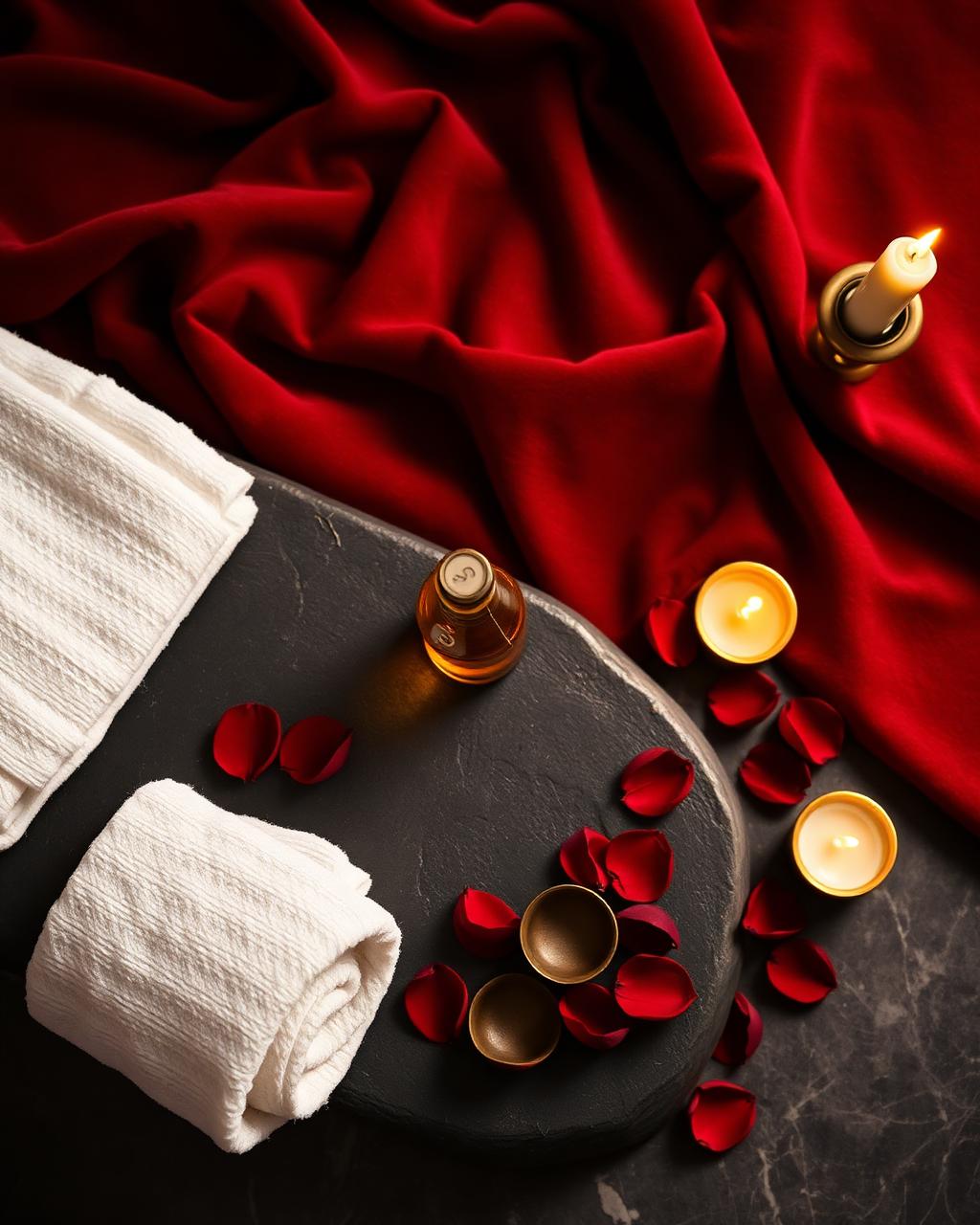 A massage therapist's hands resting on a draped shoulder by candlelight