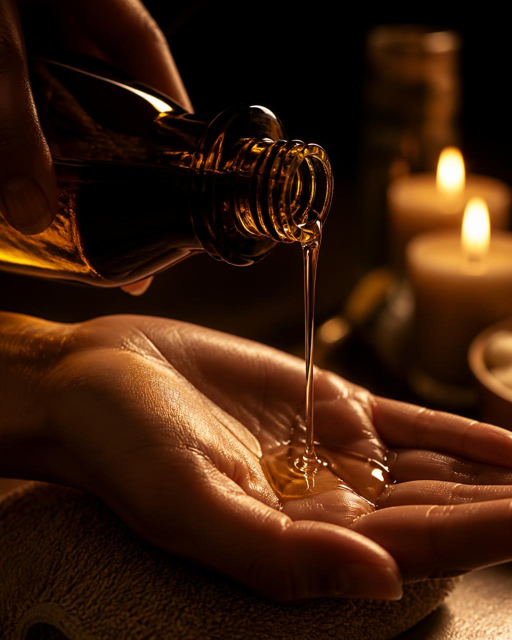 Warm massage oil poured into an open hand by candlelight