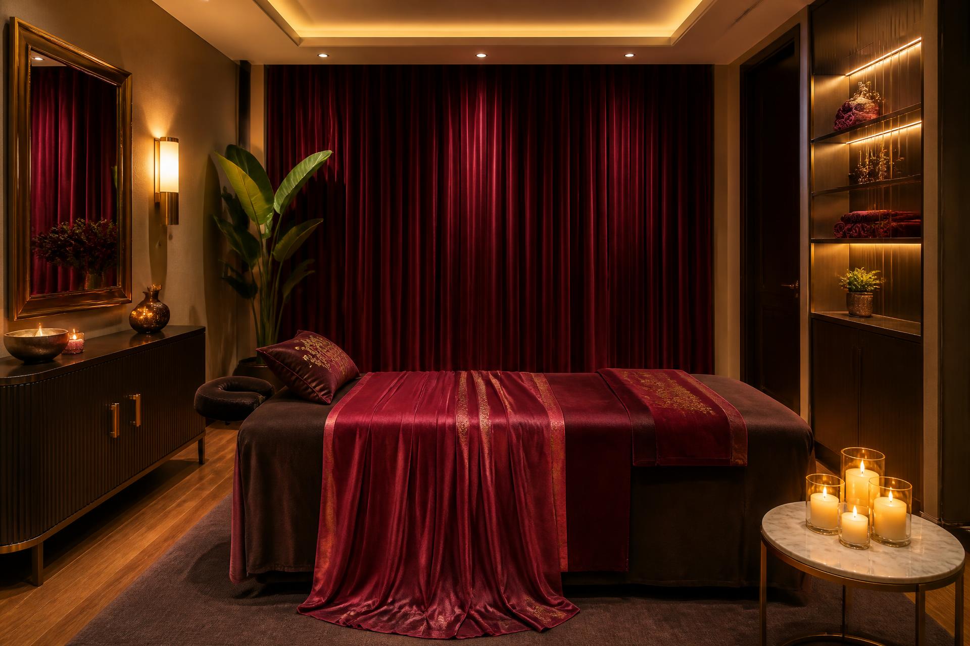 Candlelit massage studio with deep red velvet drapes and a black massage table